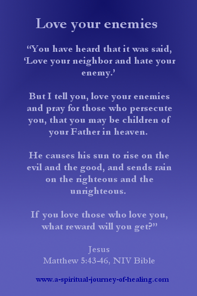 "Love your enemies." The image shares the bible verses with these words from Jesus. In keeping with the theme for this page - Prayer for a terrorist.