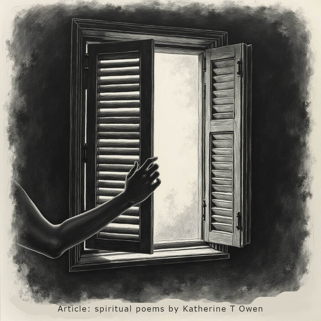Etching style image of a shutter opening to reveal soft light entering a dim room. A hand rests on the shutter, mid movement, symbolising prayer as the opening of light and breath.
