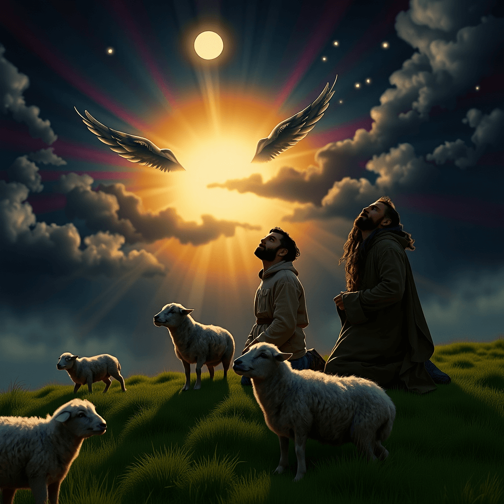 Angels appear to shepherds in the Bible story of the birth of Jesus.