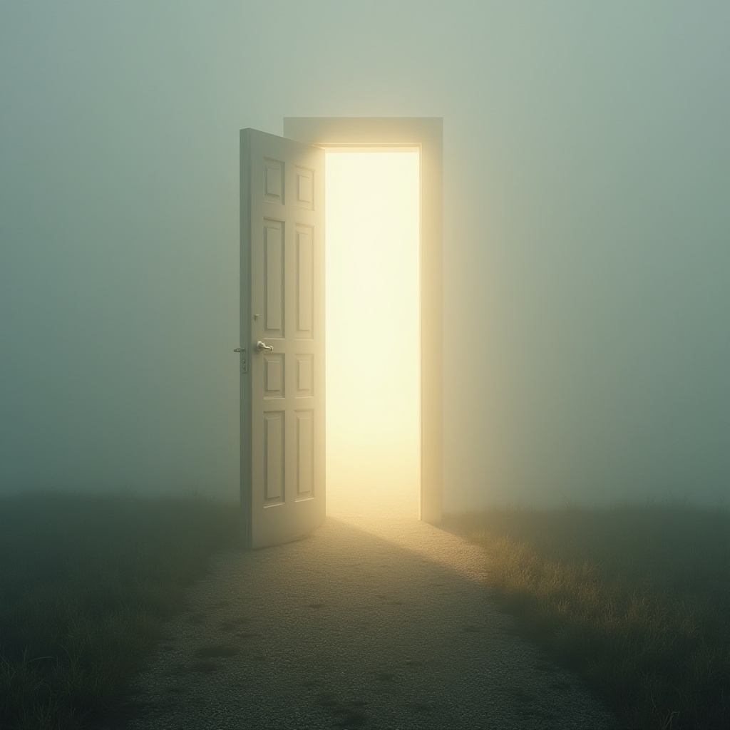 The Door of Light that is never shut. Entering the Presence Within A quiet, luminous doorway standing in a soft, misty landscape. Light pours gently through the opening, suggesting invitation, surrender, and inner awakening. The scene feels contemplative, spacious, and symbolic — a threshold into God.