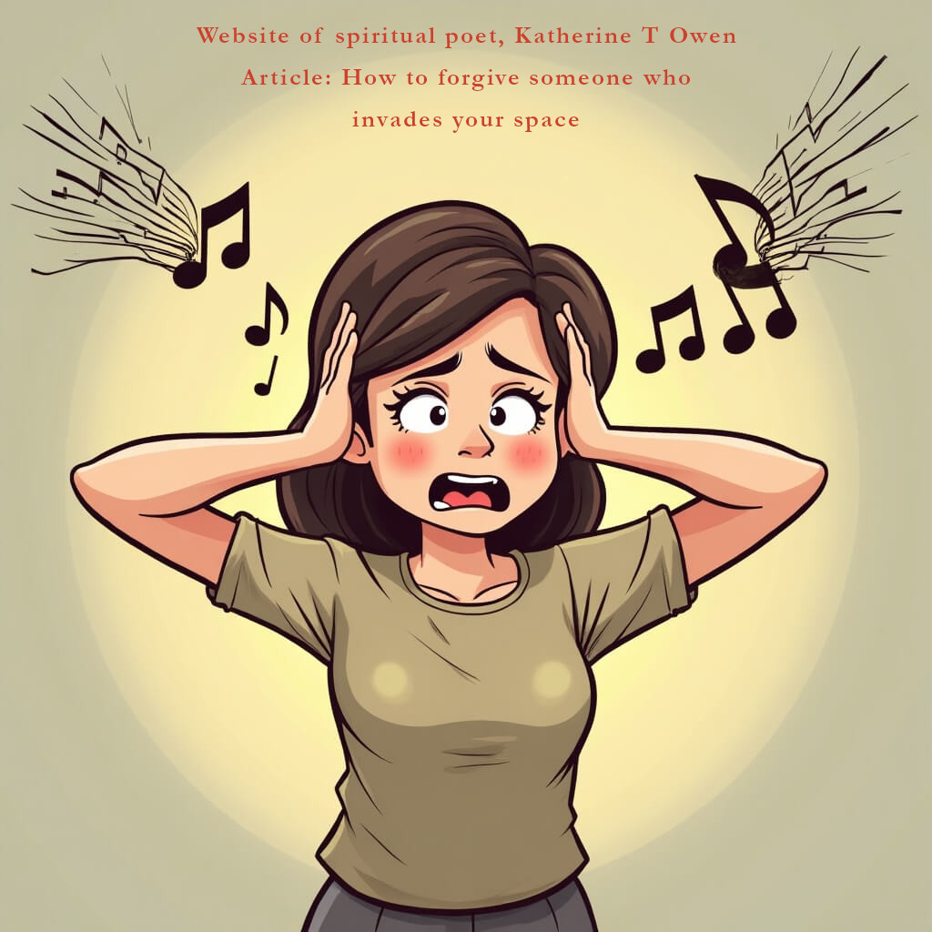 A woman with her hands over her ears, with music blaring from either side. Looking distressed by the music, bothered by her neighbours music coming through the walls. The music symbolised by notes. Cartoon style.