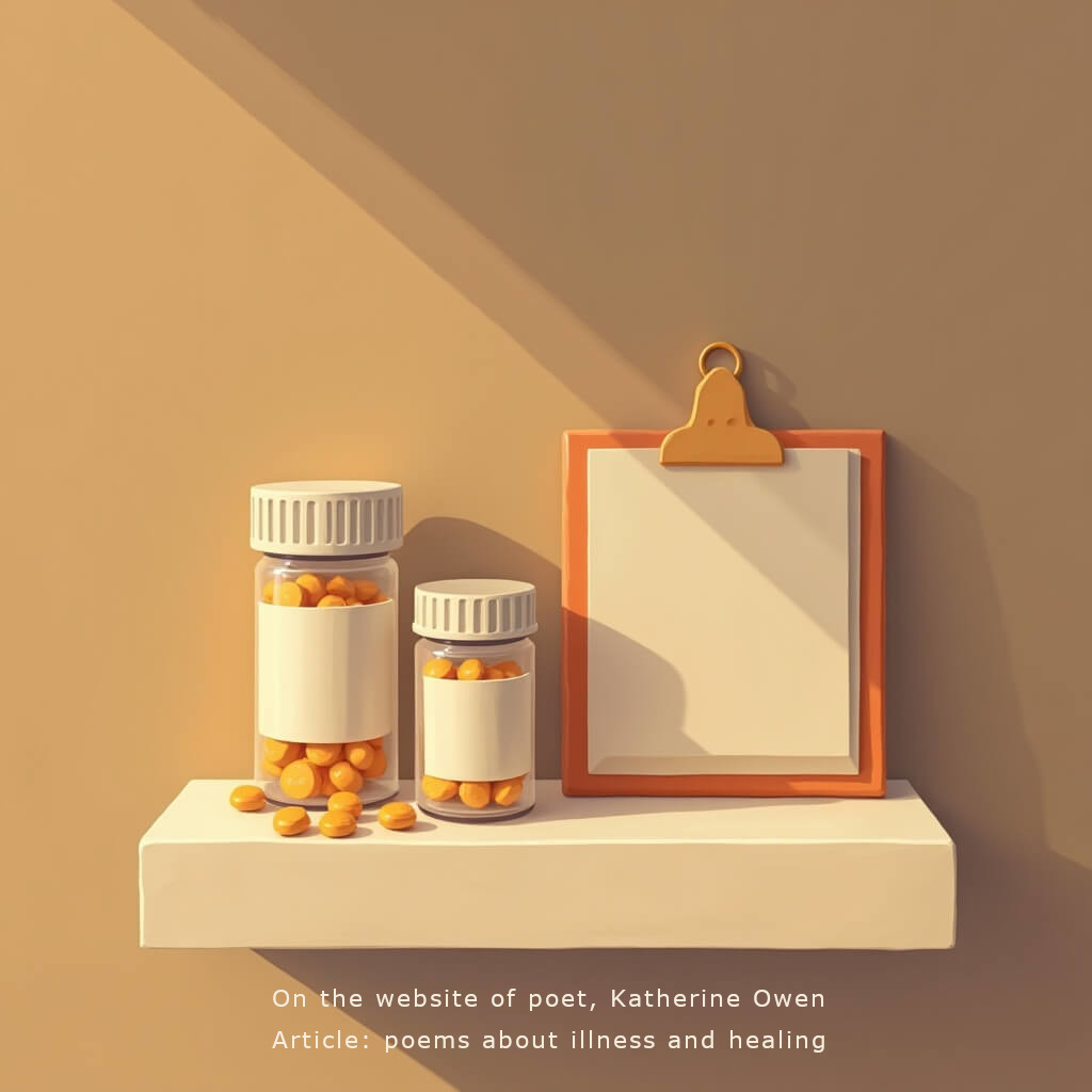 A bathroom shelf with medication bottles and a clip board, showing the human tendency to reach for what brings quick relief. A gentle contrast between the “easy” option and the “deep healing” option. Style: clean minimalist illustration