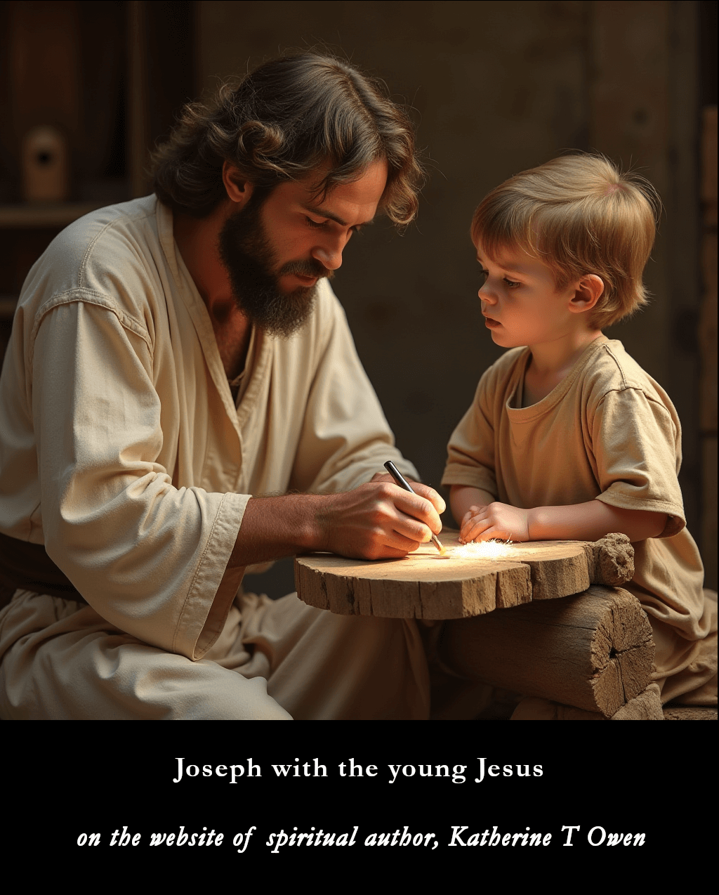 A picture of the young Jesus with his father Joseph, watching him do carpentry. Photorealistic image of joseph with the young Jesus.