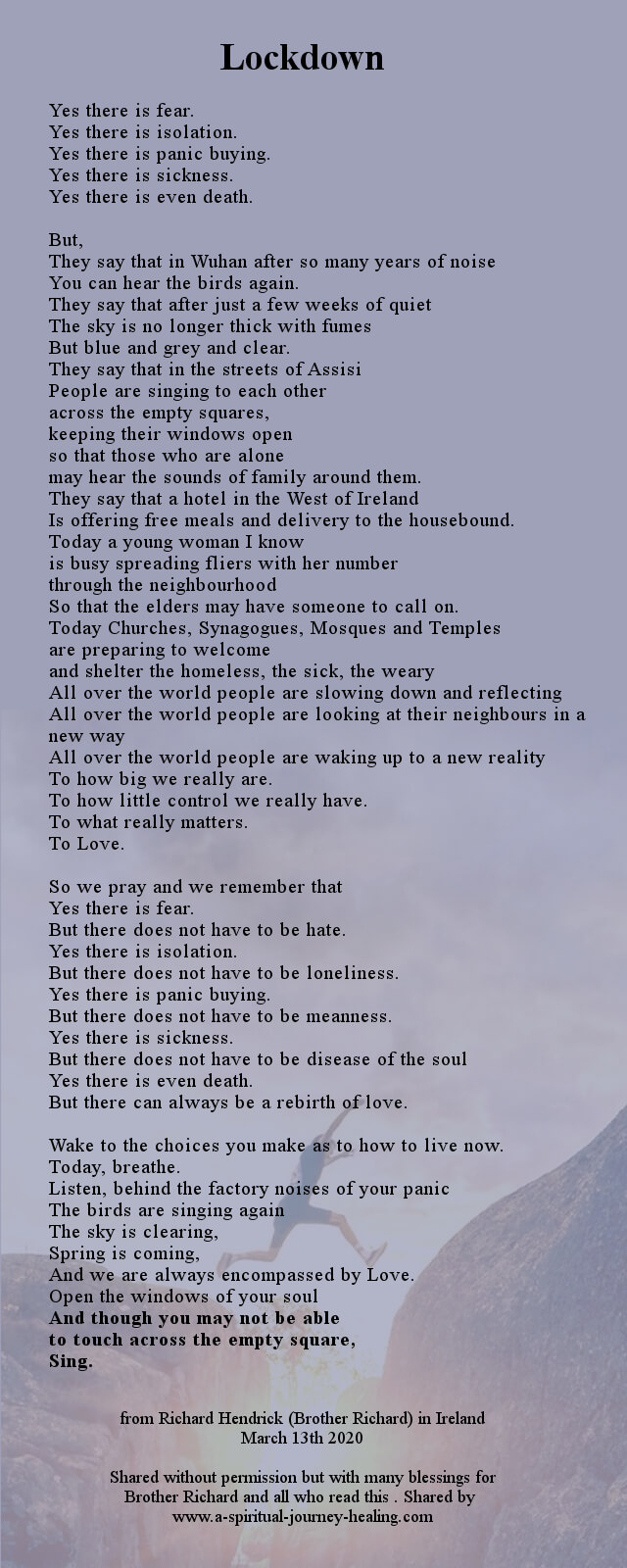 Lockdown. Beautiful, powerful Corona Virus prayer poem
