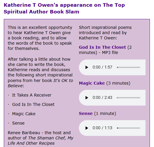 Graphic showing the player for the audio of poems by Katherine T Owen. Poems are read by the poet. short inspirational poems