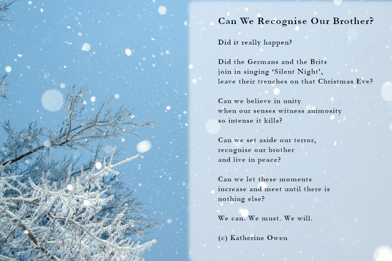 A poem that speaks of British and German soldiers during war time. They leave their trenches and celebrate Christmas together.