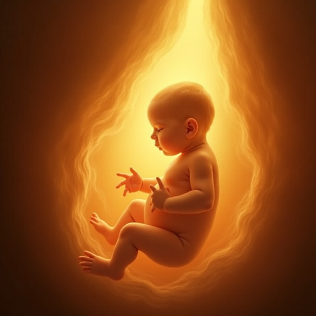 Page about spiritual poems by Katherine T Owen, with a sample of her poetry. A luminous unborn child floating in a warm, glowing womb, surrounded by soft golden light.