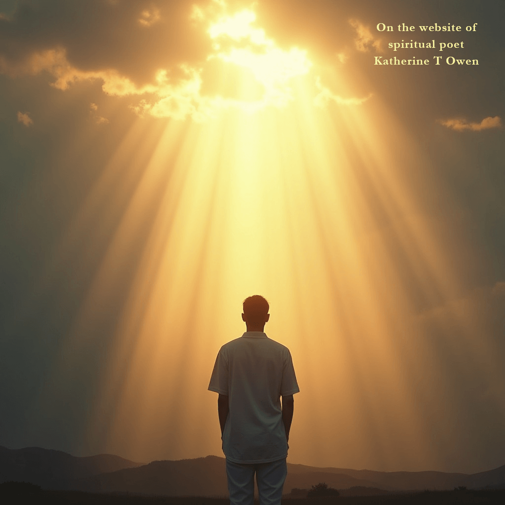 A figure standing in a beam of warm light breaking through clouds, head slightly lifted, posture relaxed, receiving worth and blessing from above.